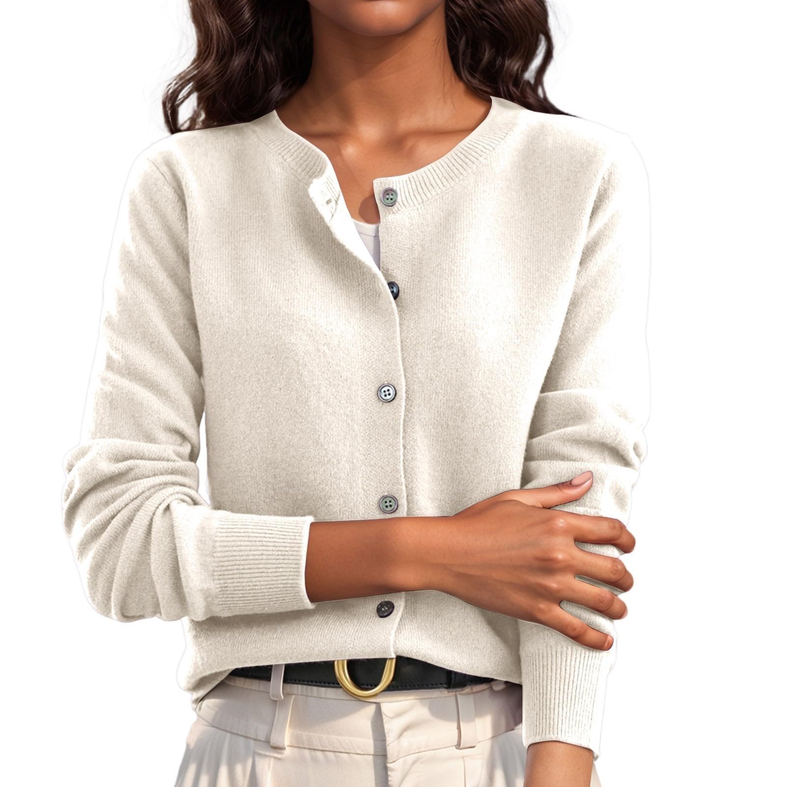 Lightweight Long Sleeve Button Up Cropped Cardigan for Women Soft Stretchy Knit Top Casual Round Neck Sweater Outerwear