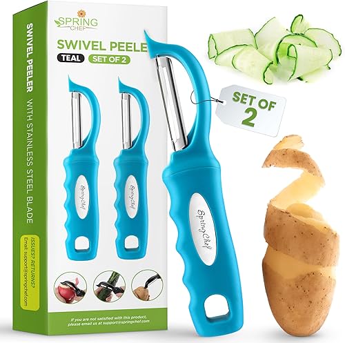 Spring Chef Pelador de verduras giratorio de alta calidad, mango de agarre suave y cuchillas de acero inoxidable ultra afiladas, pelador de cocina