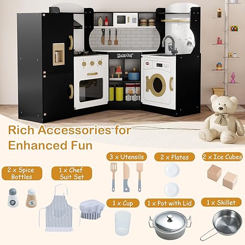 Miniatura 7 de HONEY JOY Juego de cocina esquinera para niños, cocina de madera definitiva para niños pequeños, lavadora, máquina de hielo, fregadero, microondas,