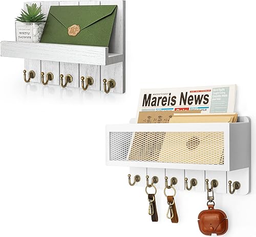 Rebee Vision Juego de llaves para pared llavero de 10 pulgadas con 5 ganchos de metal y cesta organizadora de correo de 13 pulgadas con 6 ganchos