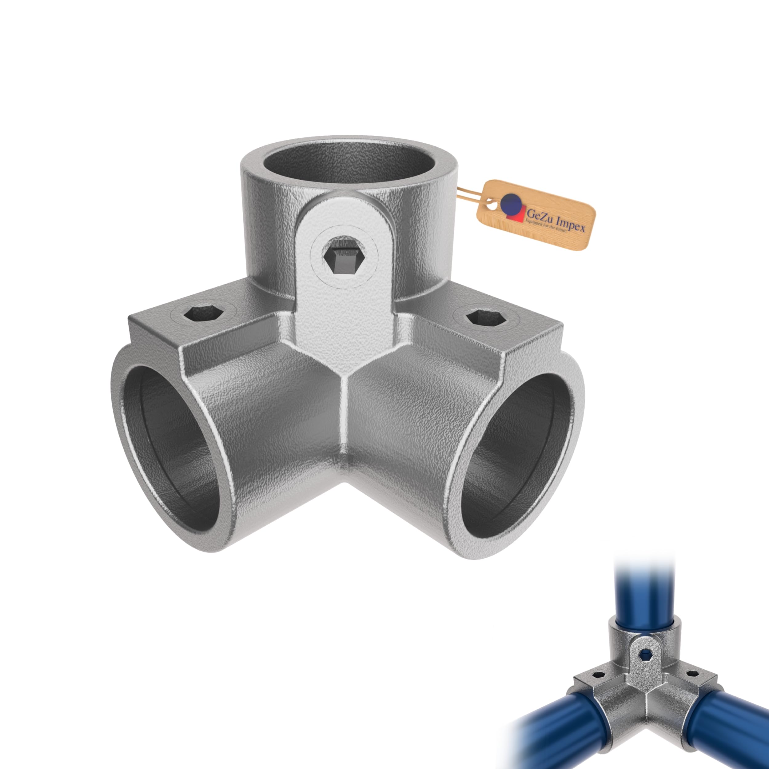 GeZu Impex 3 Way Corner Elbow Tube Connector Ø 42 mm Hot Dip Galvanised Silver 90° Pipe Key Clamp Fitting & Corner Connector