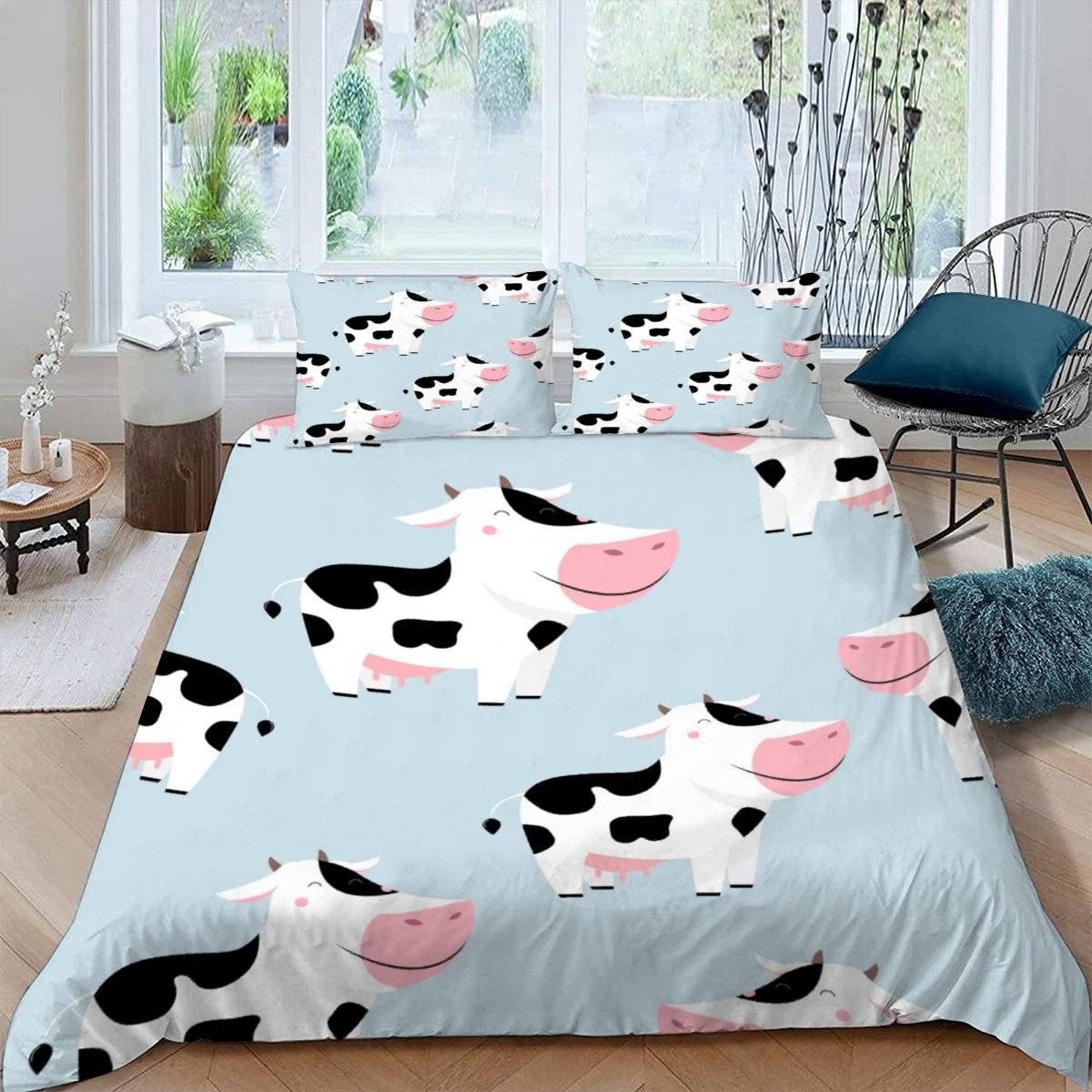 RFFLUX 3D Cows Single Duvet Cover Set 3 Pieces 135x200 Soft Microfiber Kawaii Animal Cow Quilt Cover with Zipper Closure Easy Care Bedding Set with 2 Pillowcase for Kids Boys Girls Teens — image 1