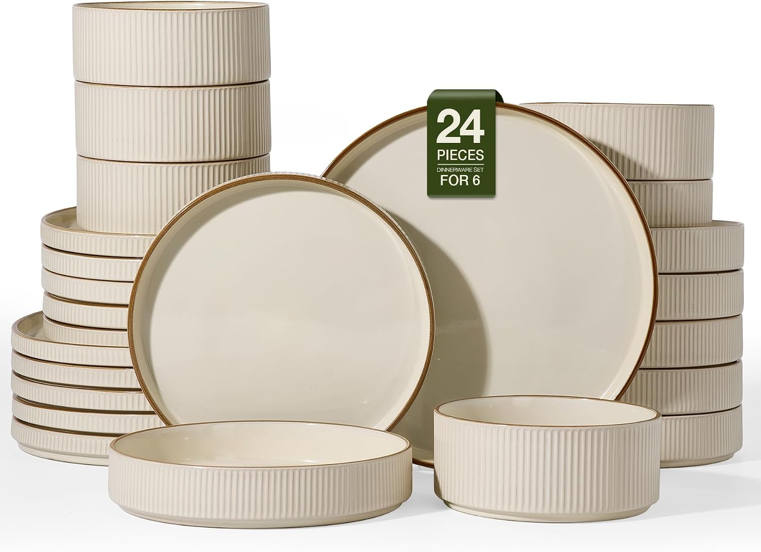 Famiware Stoneware Dinnerware Sets with Pasta Bowls, Rimmed Dishes for 6