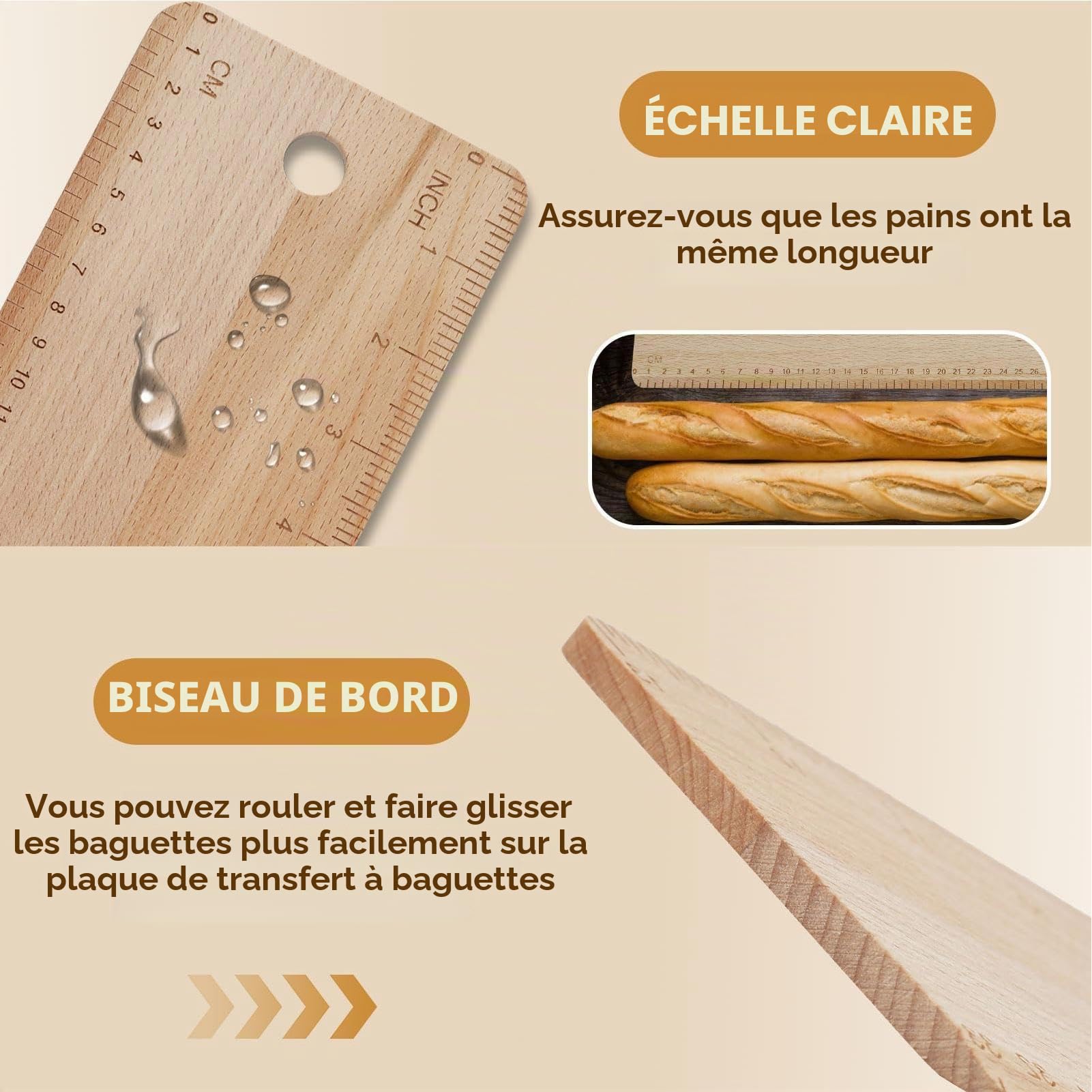 Planche à pain en bois, pelle de transfert de baguette, accessoires de cuisson, bois dur massif léger pour pain français, biscuits, pizza, tarte, pâtisserie, pâtisserie