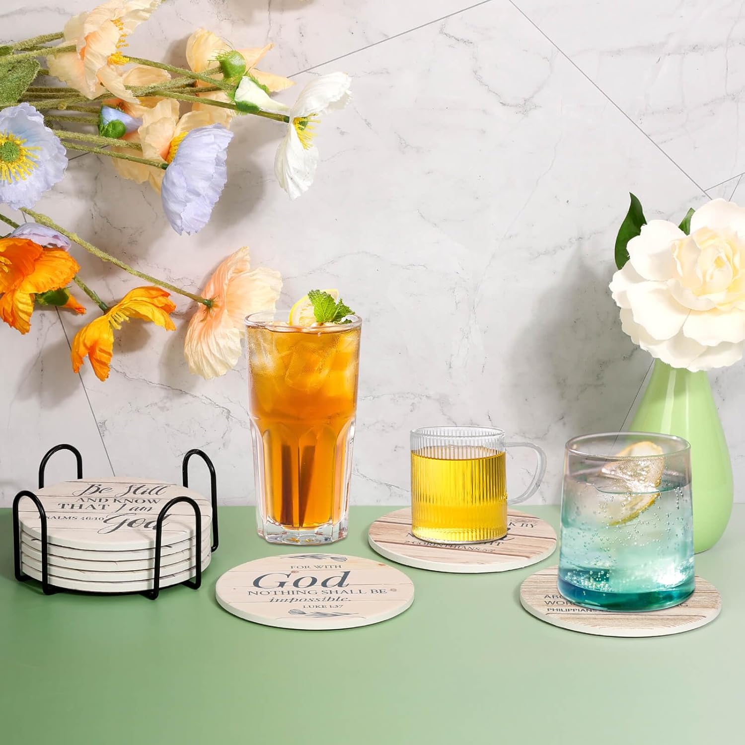 Billbotk Ceramic Coasters with Bible Verses, Christian Coasters Set of 8 with Holder, Absorbent Drink Coasters for Christian Gifts and Home Decor, 4 Inches - Image 2