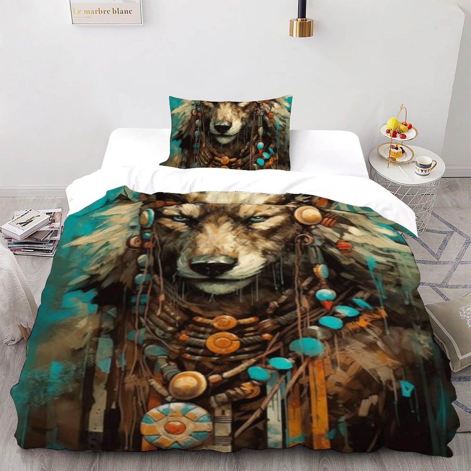 Housse de couette loup 1 taie parure de lit microfibre 135x200cm animaux 3D
