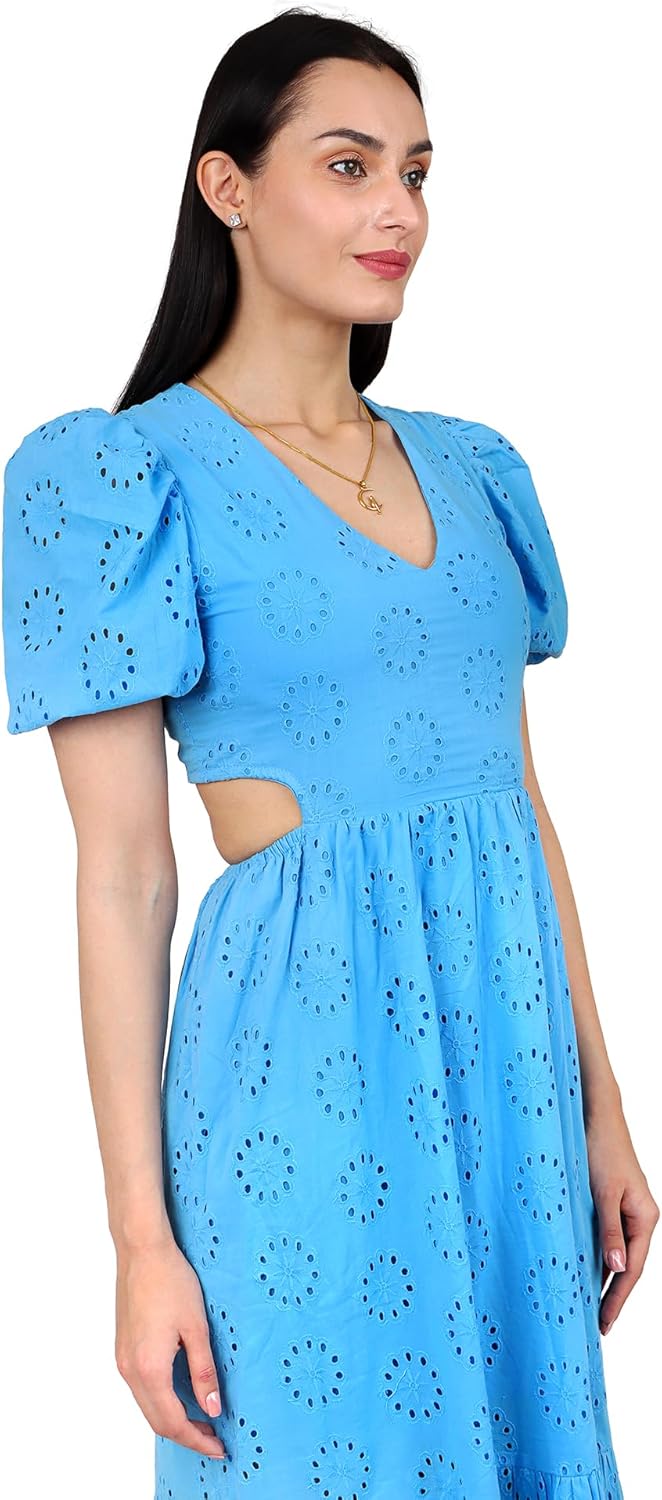 Summer 2025 Women's Eyelet Dress, Blue, V-Neck, Puff Sleeve, Side Cutouts,A Line Long Flowy Beach Vacation Dresses Hollow Out Eyelet Ruffle Back Open Swing (US, Alpha, Medium Blue) - Image 5