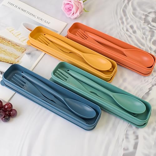 Miniatura 10 de Utensilios de viaje con estuche, juego de cubiertos portátiles de paja de trigo, cuchara, cuchillo, tenedor, palillos, utensilios reutilizables para
