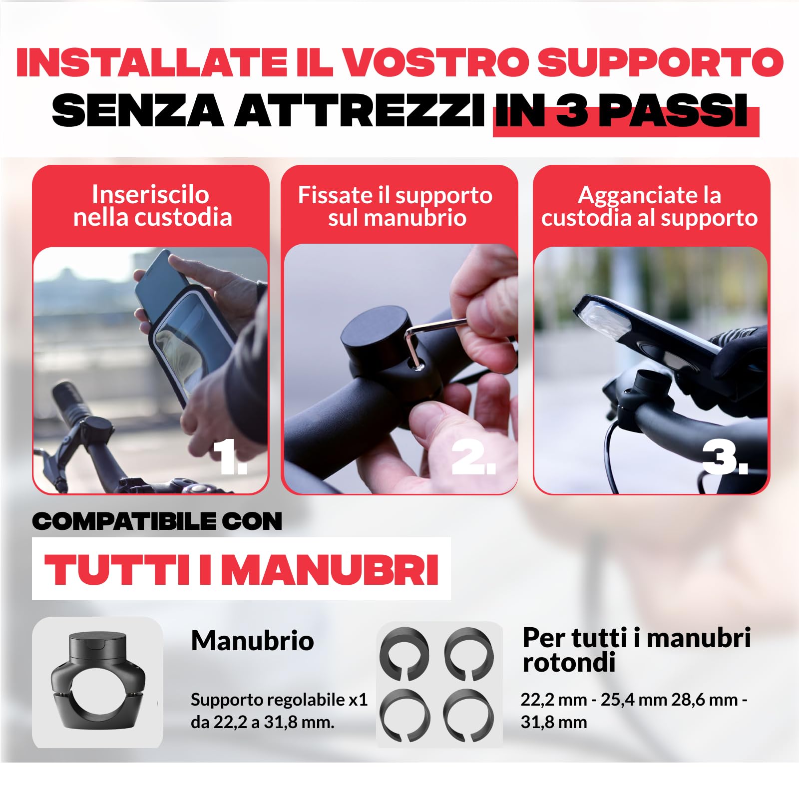 SHAPEHEART Innovazione Francese, Porta Cellulare Bici PRO Con Tasca Magnetica Staccabile, Supporto Telefono Impermeabile per Manubrio | Per ogni Telefono | A vite Manubri 22–32 mm | GPS bici | Attacca e stacca in 2 s | Antivibrazione | Resiste alla pioggi