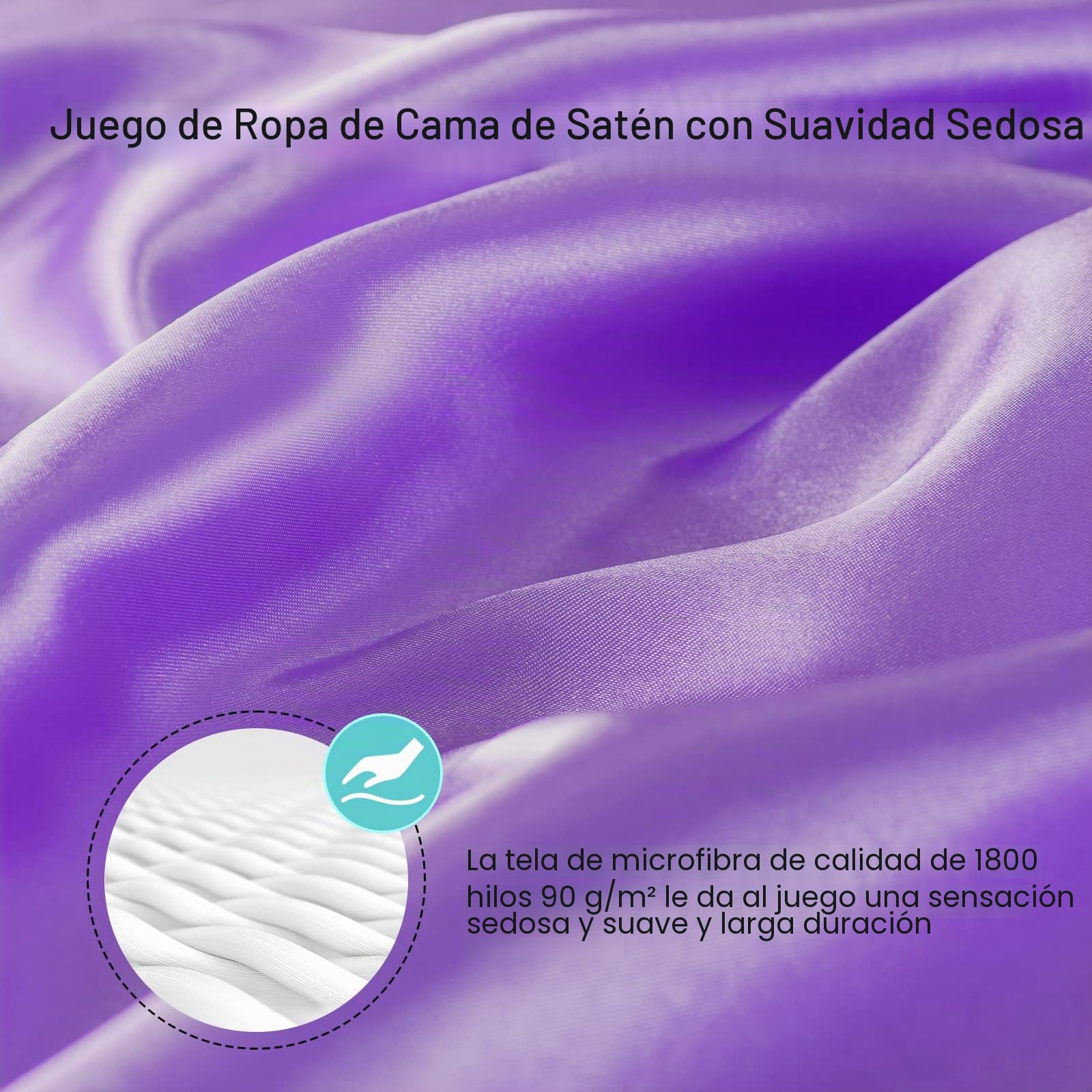 Juego de sábanas de satén y fundas de almohada tamaño Queen, con bolsillo profundo, sedosas, suaves, transpirables, microfibra 1800 (4 piezas, morado)