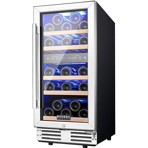 BODEGA 15 Inch Wine Fridge Dual Zone, 30 Bottle, Black Under Counter Freestanding Wine Cooler For Home and Kitchen, with Double-Layer Glass Door, Digital Temperature Control and Temperature Memory.