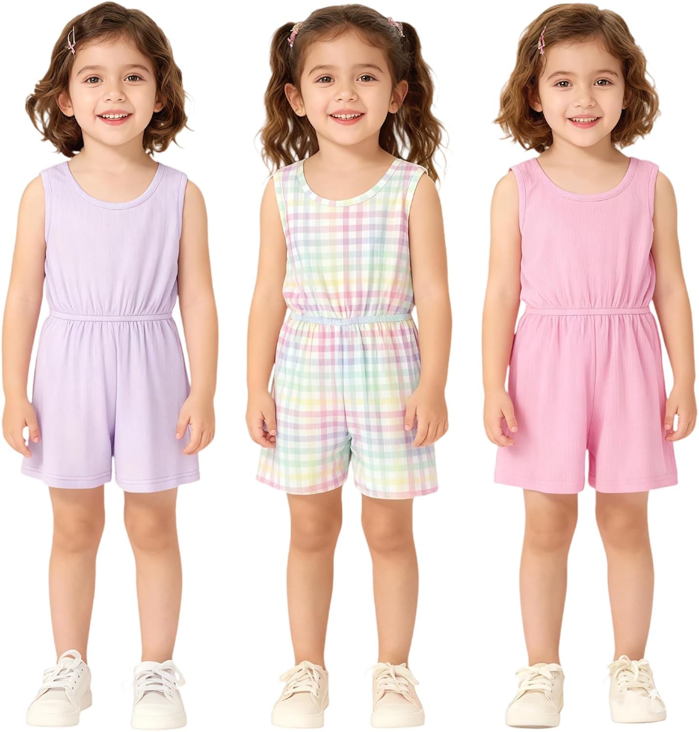 Toddler Girls 3 Pack Romper Set, Soft Polyester Spandex Sleeveless Jumpsuit Outfits, Cute Summer Shorts Set for Kids