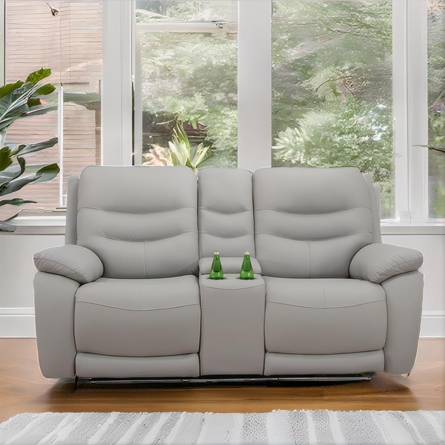 Power Recliner Sofa Set, Breathing Leather Sofa Set with Storage Console/Cup Holders/USB Ports, Leather Reclining Couch Set for Living Room (Light Grey, LOVESEAT)