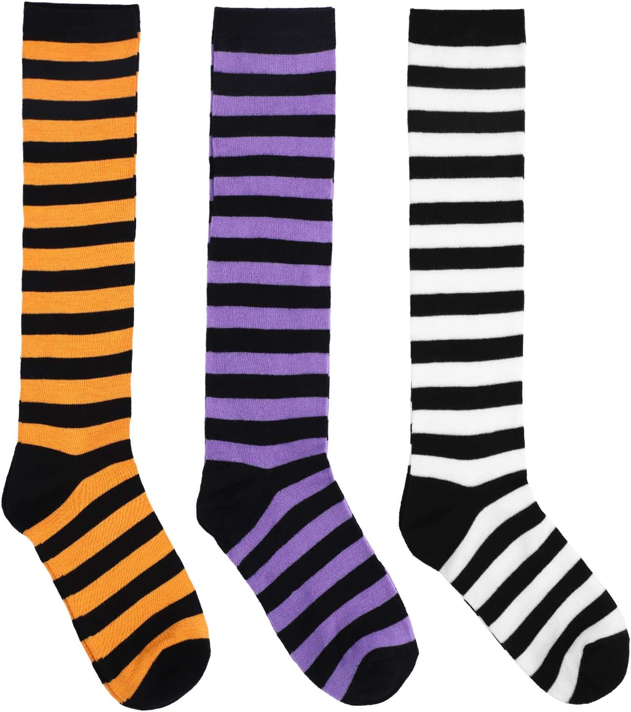 SATINIOR 6 Pairs Halloween Striped Knee High Socks Women Witch Socks Long Tube Knee High Stockings for Halloween Costume Cosplay Party Dress Up Accessories, Orange White Black Purple Yellow Red Green