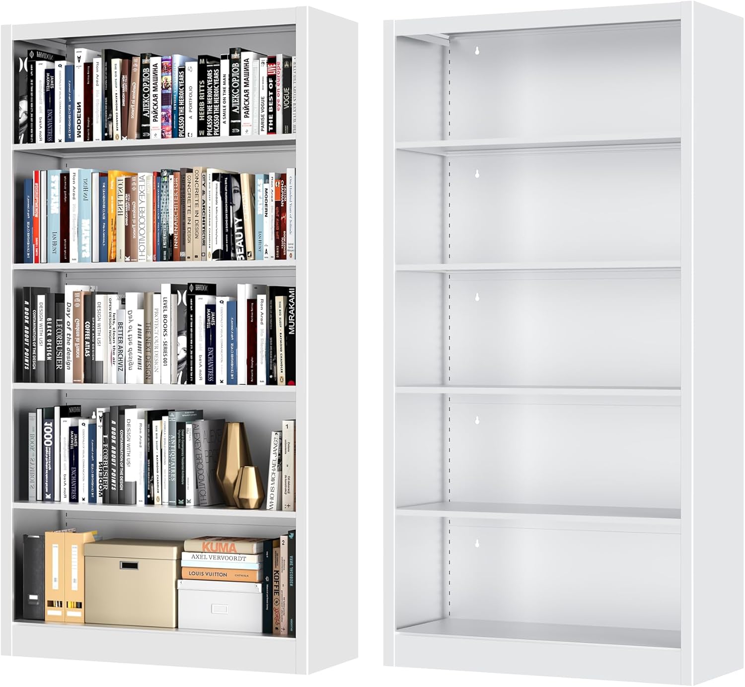 OSEILLC 66" 5-Tier White Metal Bookcase: Adjustable Shelves, 180lbs Capacity, Freestanding Industrial Bookshelf for Home Office Bedroom