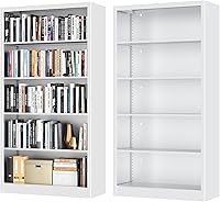 OSEILLC 66" 5-Tier White Metal Bookcase: Adjustable Shelves, 180lbs Capacity, Freestanding Industrial Bookshelf for Home Office Bedroom