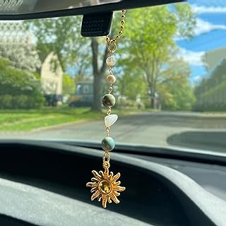 Sun Hanging Car Charm,Green and Gold Rear View Mirror Accessories Cute Boho Dangling Sun Car Decor Handmade Healing Crysta...