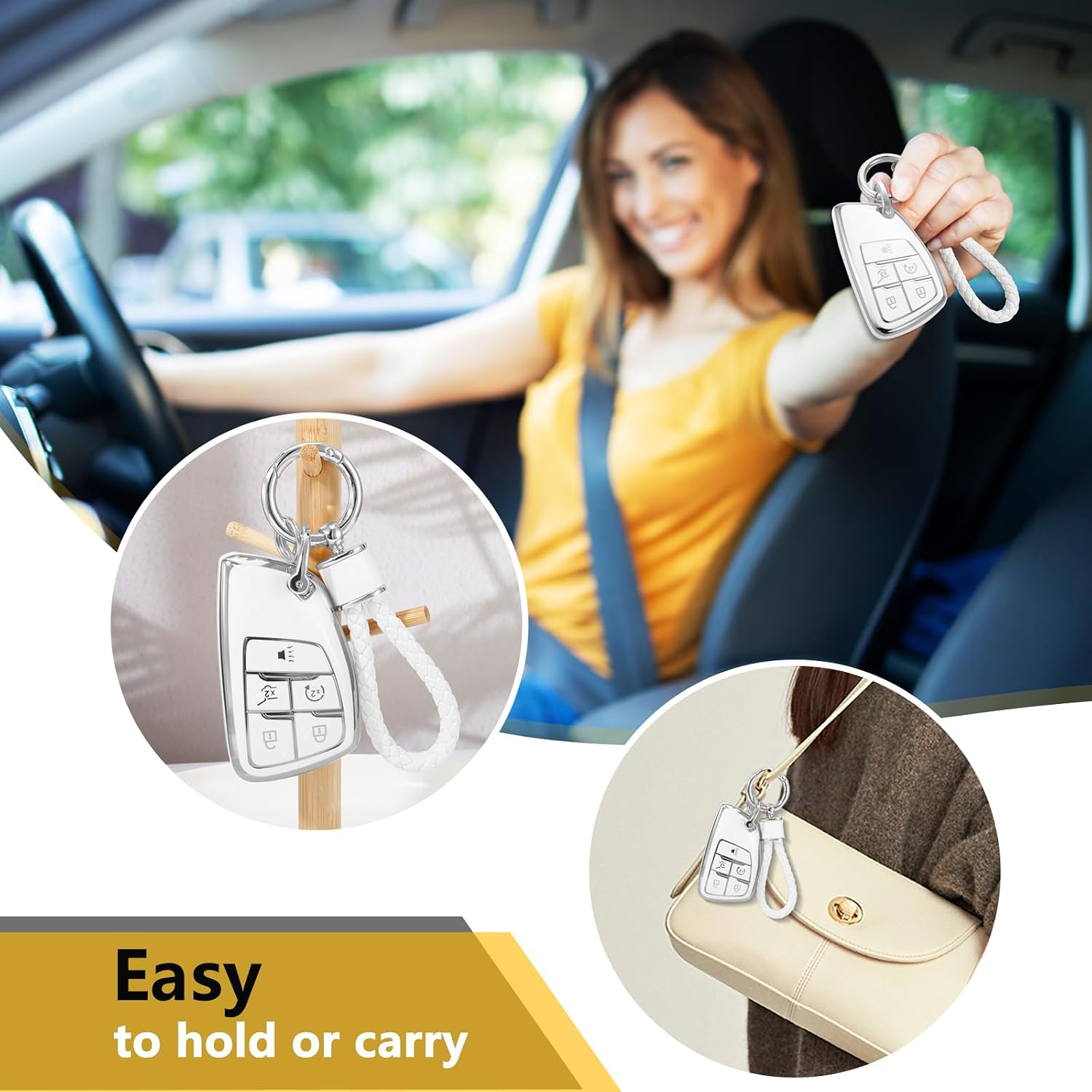 Key Fob Cover for Buick, White Braided Loop Keychain, Silver-Edge image 4