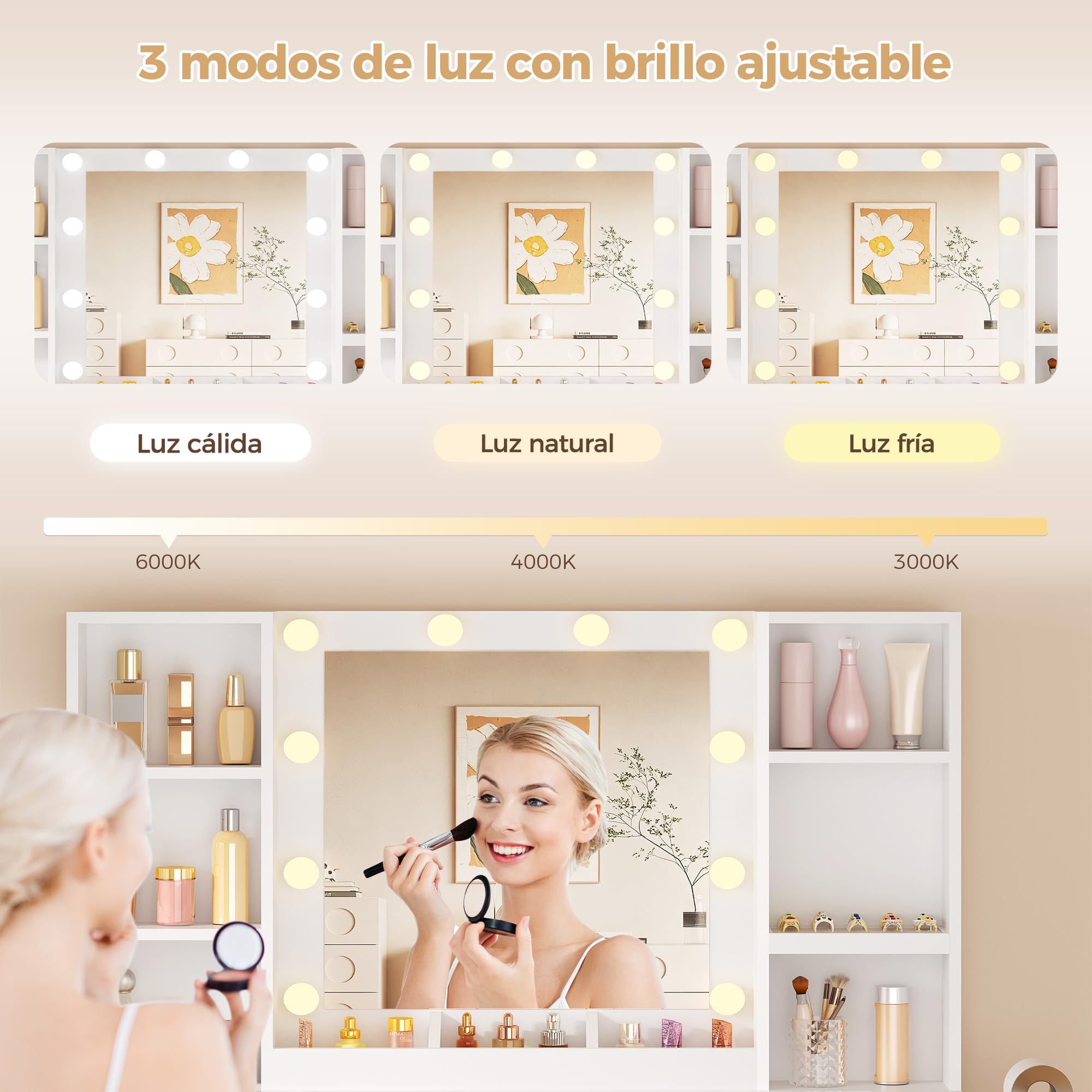 Grande Tocador de Maquillaje con Luz LED y Espejo,Vidrio,Enchufes