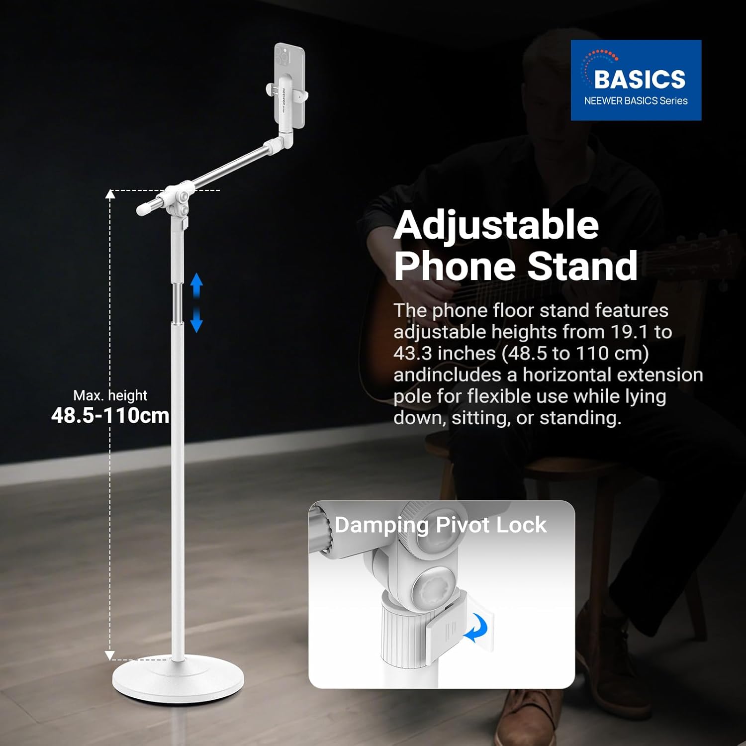 NEEWER Basics Phone Floor Stand with Horizontal Extension Arm, Adjustable Cell Phone Holder Clamp Mount Compatible with iPhone Samsung for Video Recording Bed Lying Down, Weighted Base, ST009 White