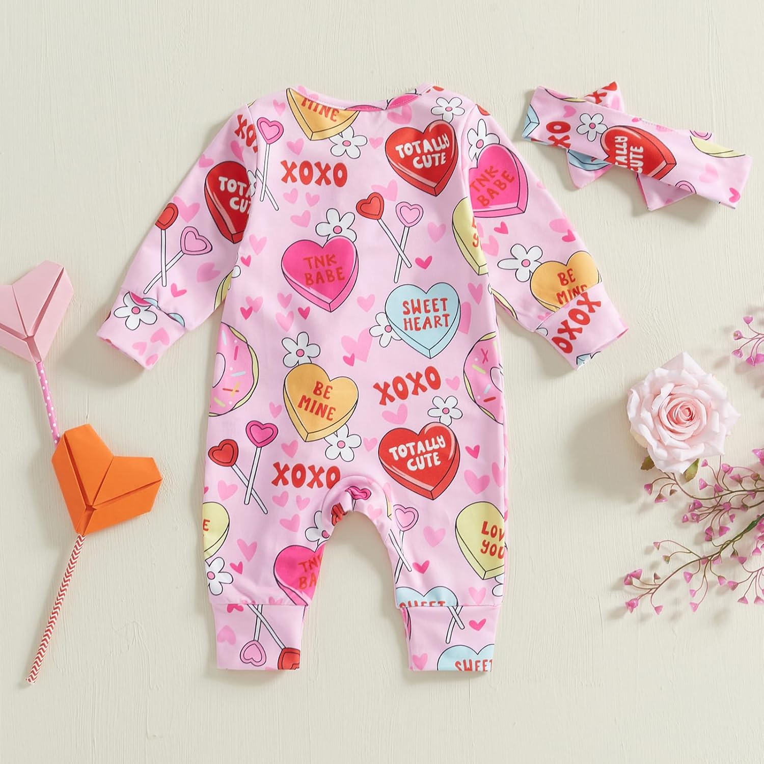 Lamuusaa Newborn Baby Girl Valentines Day Outfit Heart Long Sleeve Romper Zipper Bodysuit Jumpsuit with Headband - Image 7