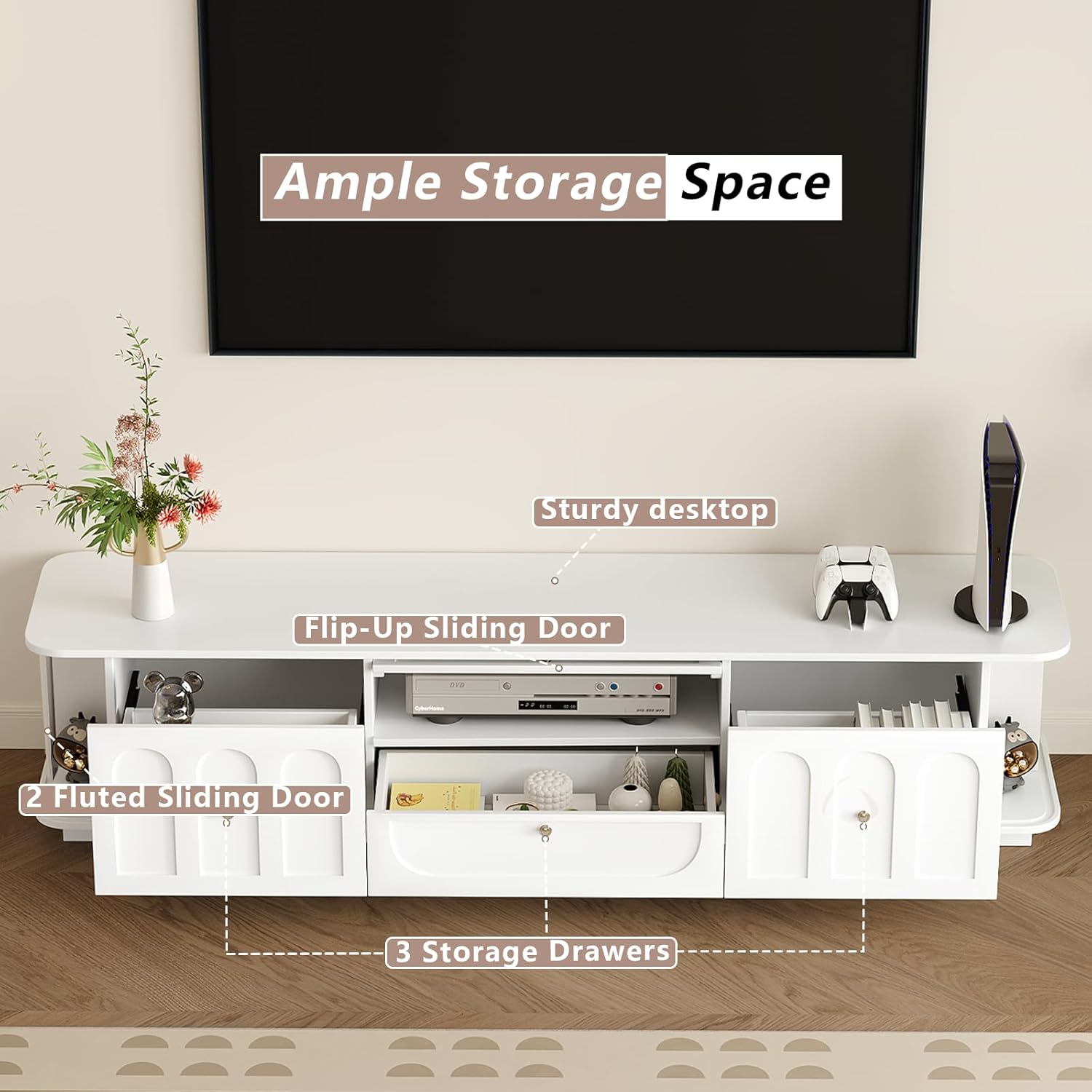 White Tv Stand for Living Room, 70in Media Console with Storage & 3 Drawers & 2 Open Shelves with Sliding Doors, Modern Entertainment Center with Cable Management for Bedroom