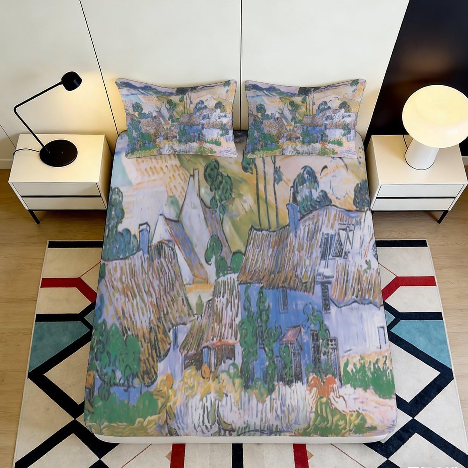 3D Printed Mountain Landscape Fitted Sheet Microfiber Artistic Village Mattress Cover Bedroom Decor Easy Care 90x200x25cm