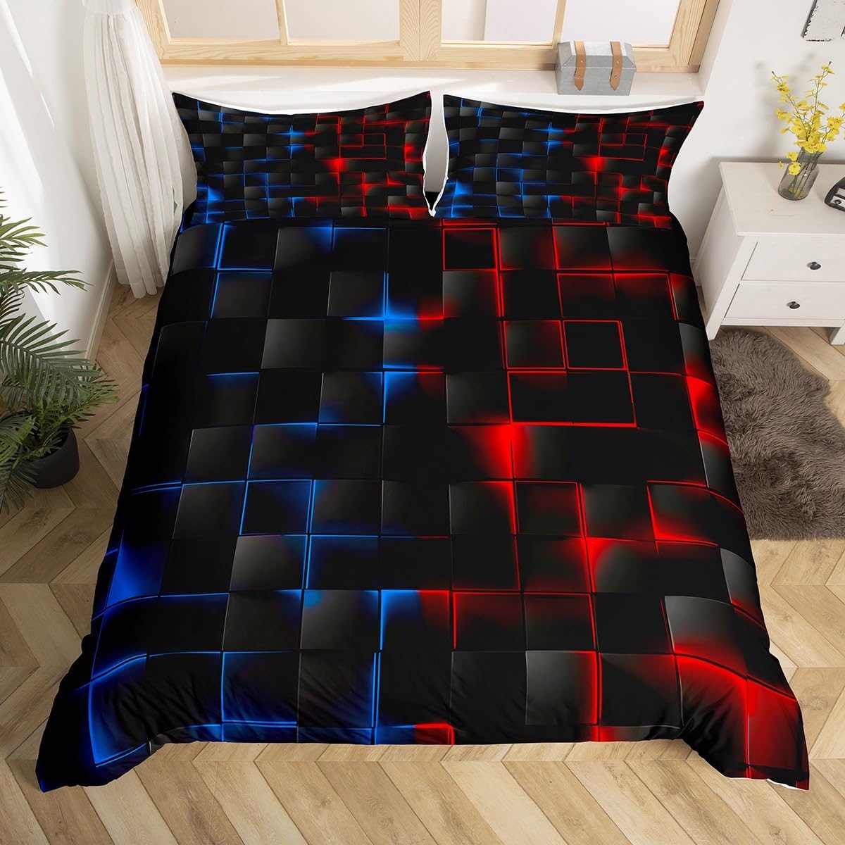 Feelyou Kids Light Geometric Bedding Set Duvet Cover Twin Size for Boys Girls Teens Bedroom Decor Modern Style Comforter Cover Set Blue and Red Bedspread Cover with 1 Pillow Case