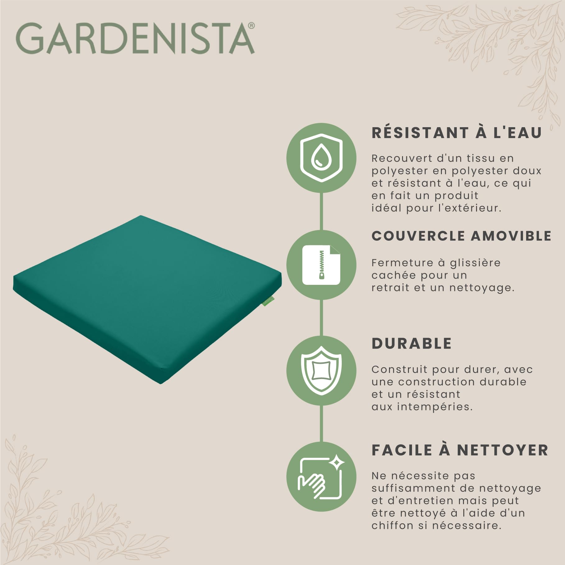 Gardenista Garden Coussin de siège de Chaise Slip Free | Hypoallergénique | Résistant à l'eau | Coussin épais avec des Attaches sécurisées pour Utilisation intérieure et extérieure | (Vert, 6)