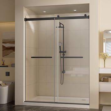 Hasipu Frameless Sliding Shower Door 4448" W x 74" H 5/16" 8mm SGCC ANSI Tempered Glass, ExplosionProof Film, Nano Coating, Silent Rollers, Magnetic Seal, Matte Black Hardware