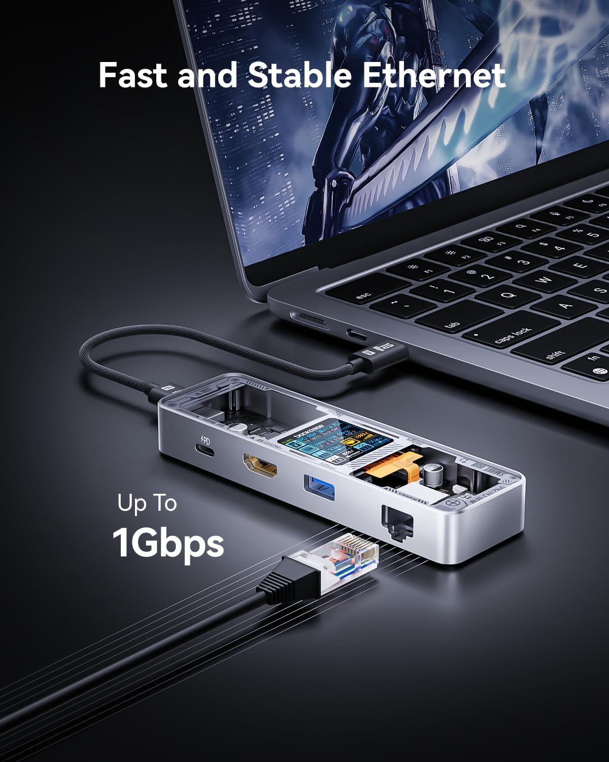 DOCKCASE Explorer Edition Visual Smart USB C Hub (6-in-1) with HDMI Port 4K@60Hz,Gigabit Ethernet,USB-C and 2 USB-A 5Gbps Data Ports, 100w PD Power Delivery, for MacBook Air/Pro, XPS, and More