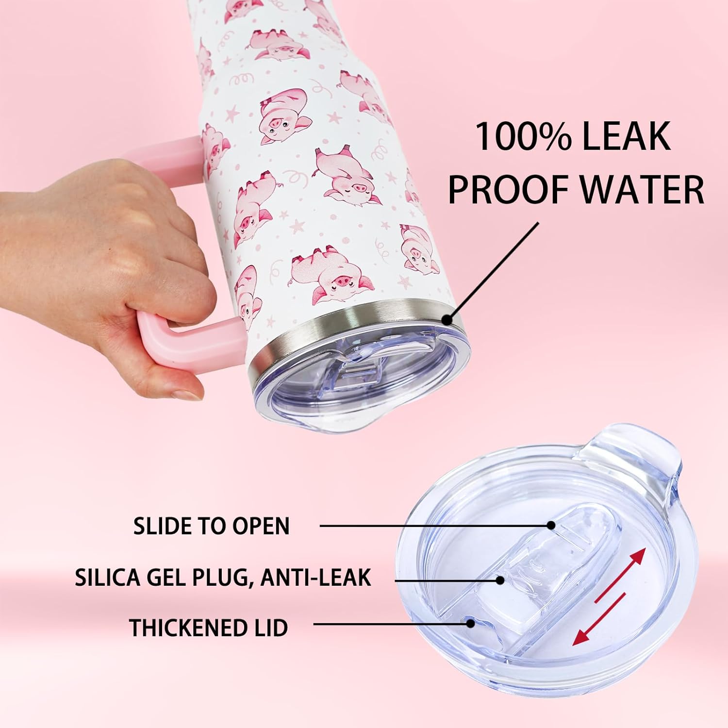 Pink Pig Travel Cup 40 Oz Tumbler With Handle and Straw - Cute Coffee Mug Drinking Glass - Unique Gifts for Pig Lovers, Women, Friends, Girls - Christmas Birthday Present - Image 4