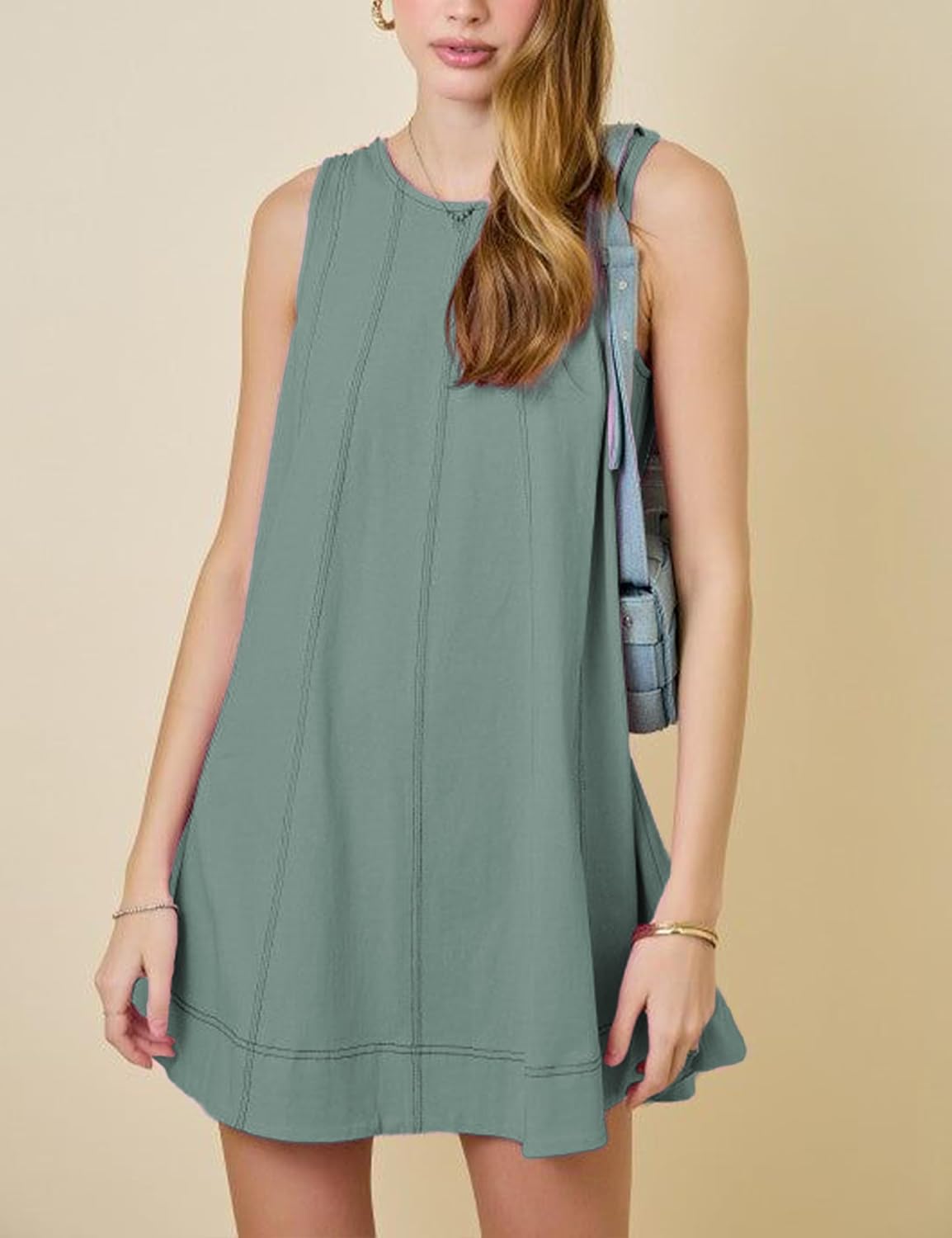 Women’s Sleeveless Mini Dress Casual A-Line Swing Dress with Pockets Contrast Stitching Lightweight Summer Tank Dress
