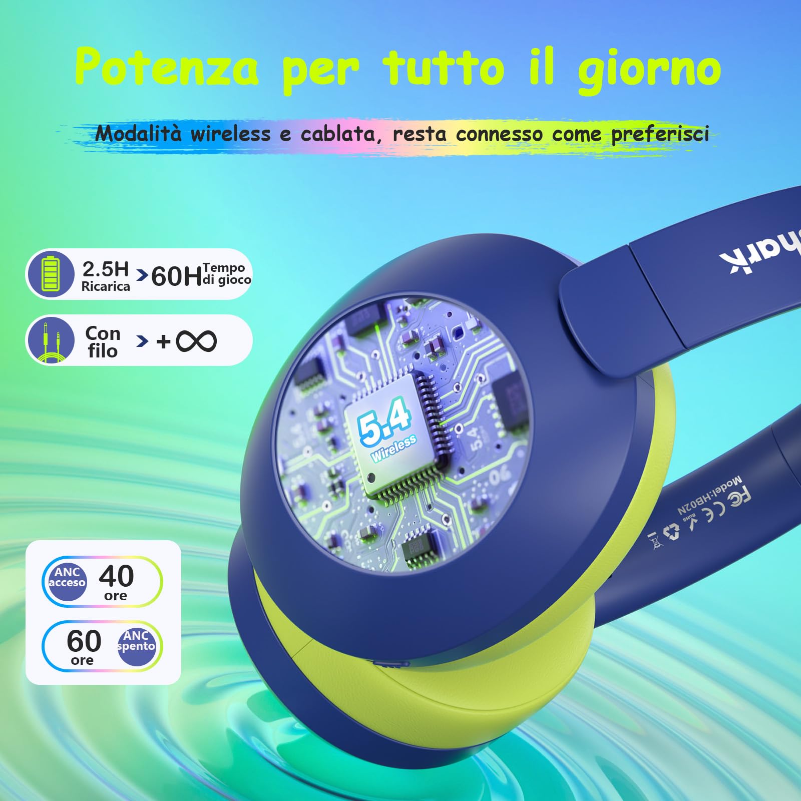 TONOSHARK Cuffie Bluetooth Cancellazione Rumore per Bambini, Cuffie Bambino Con Luci LED RGB Colorate, 60 Ore Di Autonomia, Over-Ear Bluetooth 5.4, Microfono Integrato, Per Casa/Scuola/Feste (Blu)