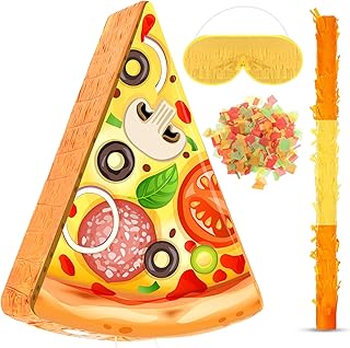 Pizza Pinata Mexican Pinata Party Favor Includes Stick Blindfold Bat and Confetti Pizza Pinata for Birthday Party Cinco De Mayo Pinata Decor for Mexican Themed Party Supplies, 16.1 x 13 x 3.2 Inches
