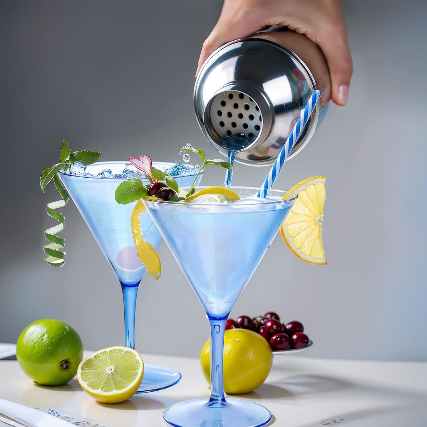 Liacere Martini Glasses Set of 6,11oz Blue Plastic Martini Cocktail Glasses with Stem, Reusable Cocktail Glasses for Bar,Margarita,Whiskey,Gin,Tequila,BPA-Free,Dishwasher-Safe.Clear for Summer Party