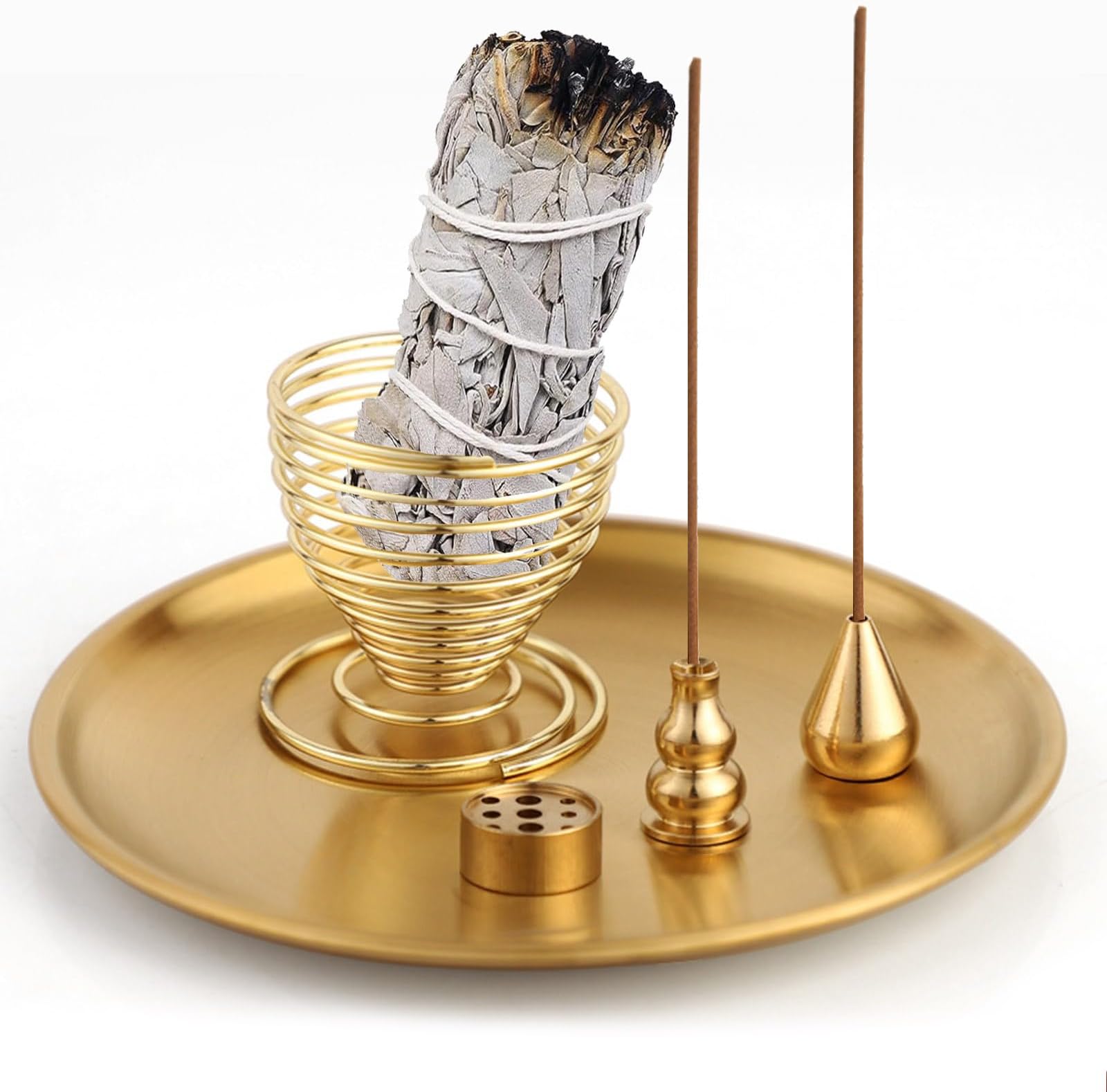 5-in-1 Brass Incense Burner - 9-Hole Holder for Sticks, Cones, Coils - Home, Yoga, Meditation Accessories