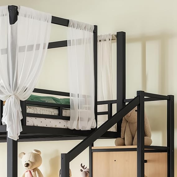 Bellemave Full Loft Bed with Storage Stairs & Wardrobe, Metal Loft Bed with Canopy Frame for Adults Teens, Heavy Duty Full Size Loft Bed Frame, No Box Spring Needed, Black Natural