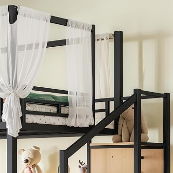 Bellemave Full Loft Bed with Storage Stairs & Wardrobe, Metal Loft Bed with Canopy Frame for Adults Teens, Heavy Duty Full Size Loft Bed Frame, No Box Spring Needed, Black Natural
