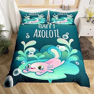 jejeloiu Cartoon Axolotl Green Duvet Cover Kawaii Axolotl Bedding Set 3D Animals Comforter Cover for Boys Girls Bedroom Decor Salamander Bedspread Cover Full Size with 2 Pillow Case
