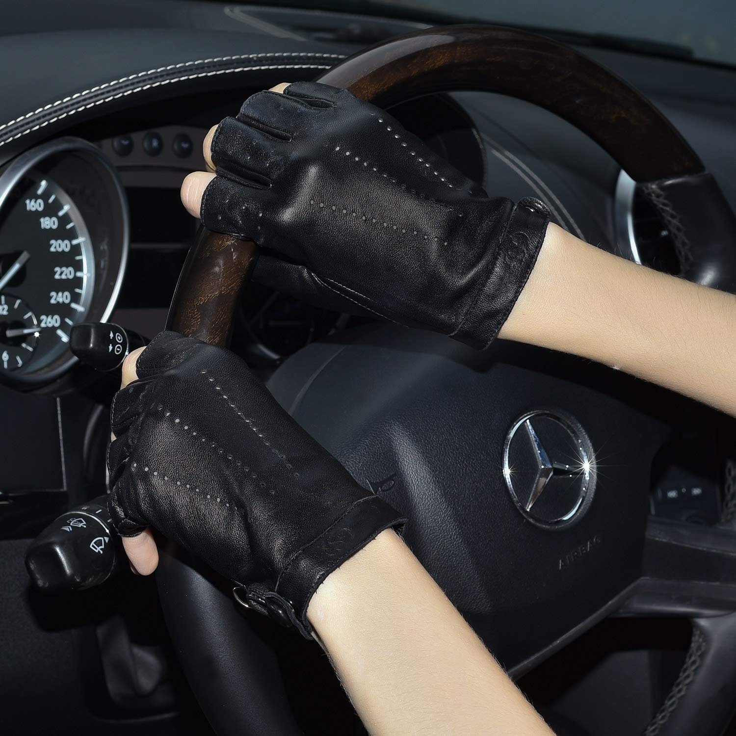 GSG Guantes sin Dedos de Cuero para Mujer sin Forro Medio Dedo Guantes de Piel de Oveja para Conducir W200103