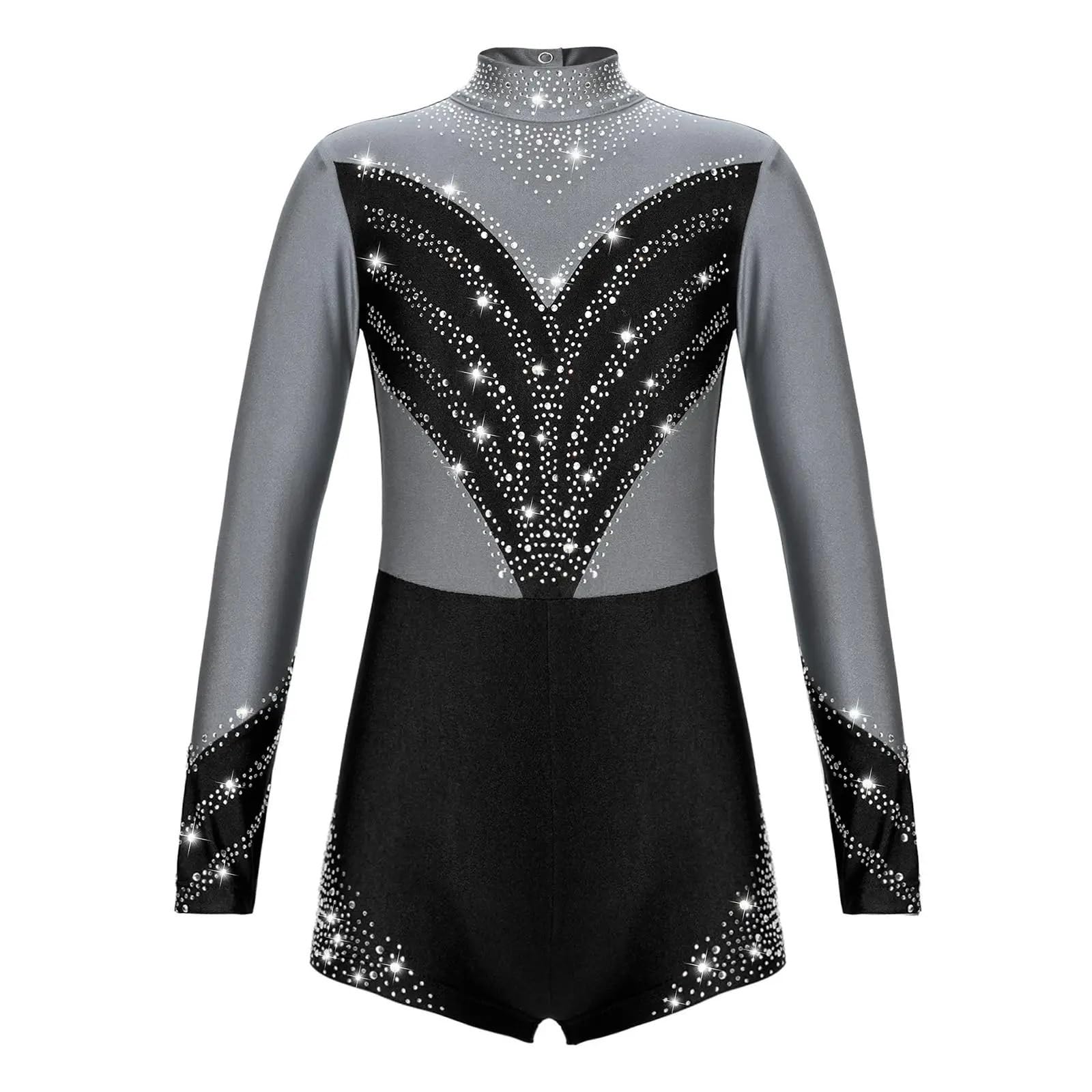 Gymnastikanzug Mädchen Ballettanzug for Mädchen, Tanzanzug, Eiskunstlauf, Gymnastik, Akrobatik, Bühnenkostüm, langärmelig, glänzender Diamant-Bodysuit(Silver Grey Black A,8)