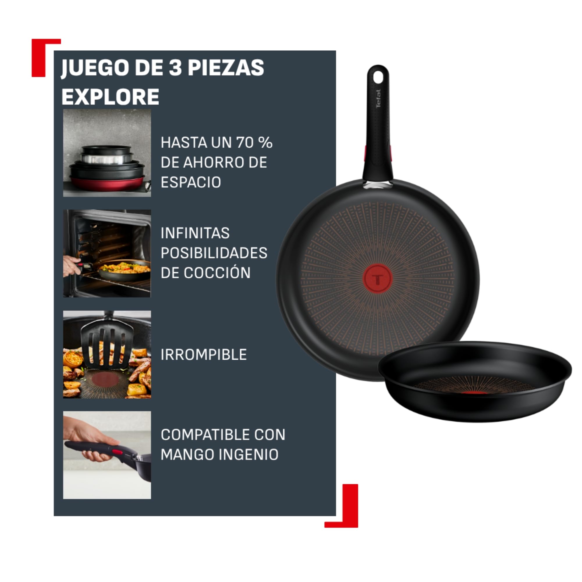 Tefal Ingenio Explore - Juego de 2 Sartenes 24/28 cm + Mango, Antiadherente, Apto inducción, Apilable, Aluminio, Thermo-Signal, Apto horno