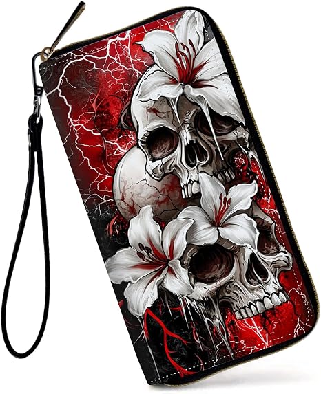 Womens Wallet, Large Capacity RFID Blocking PU Leather Wristlet Wallets for Women Ladies Men Credit Card Holder Zipper Wallet Phone Holder Clutch Travel Purse, Art Skull Flower