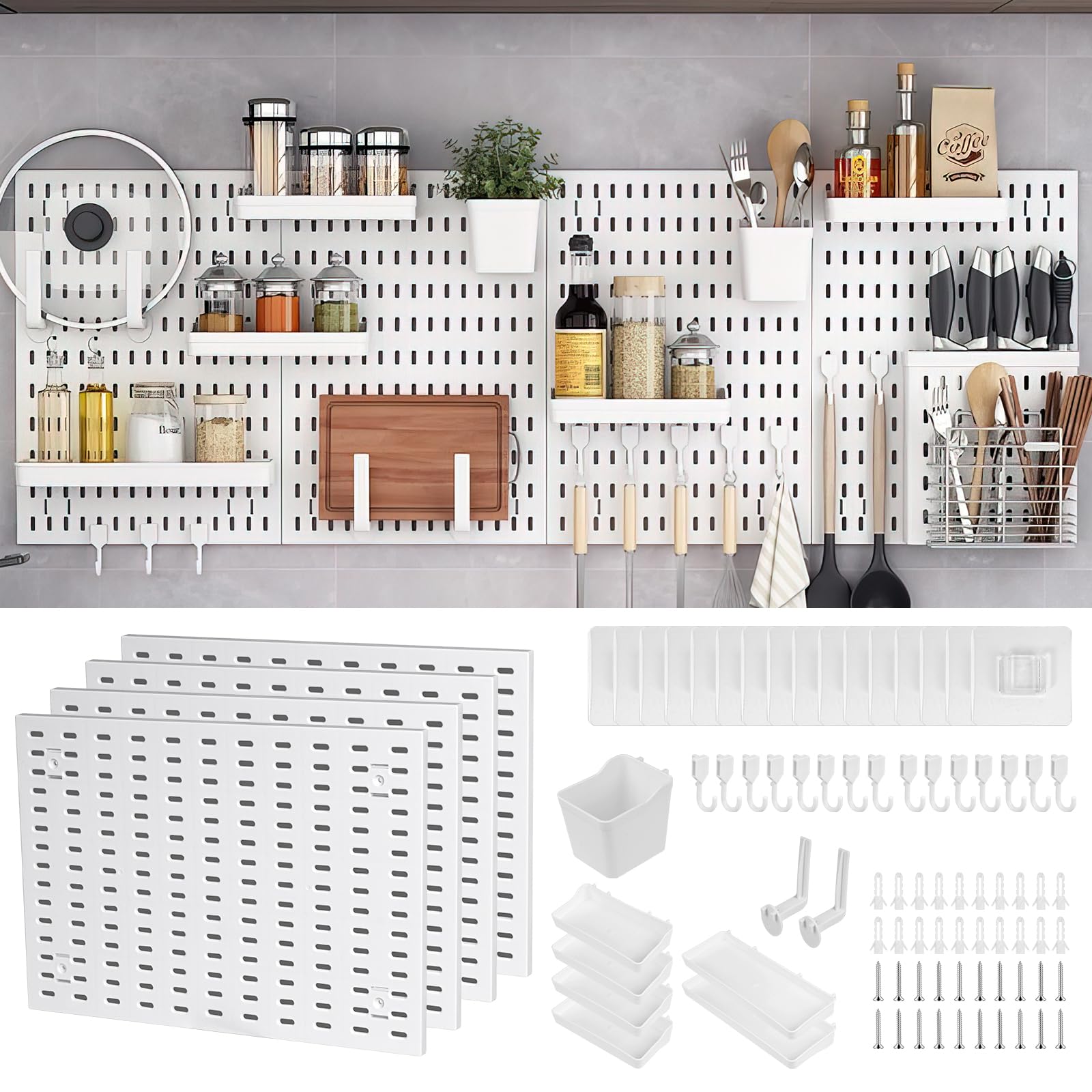 Pegboard Combination Kit, Pegboard Wall Organizer with 4Pcs(30cm*42cm) Pegboards and Accessories, Wall Mounted Storage Set without Punching, for Bathroom Kitchen Office Bedroom, Game Room, White