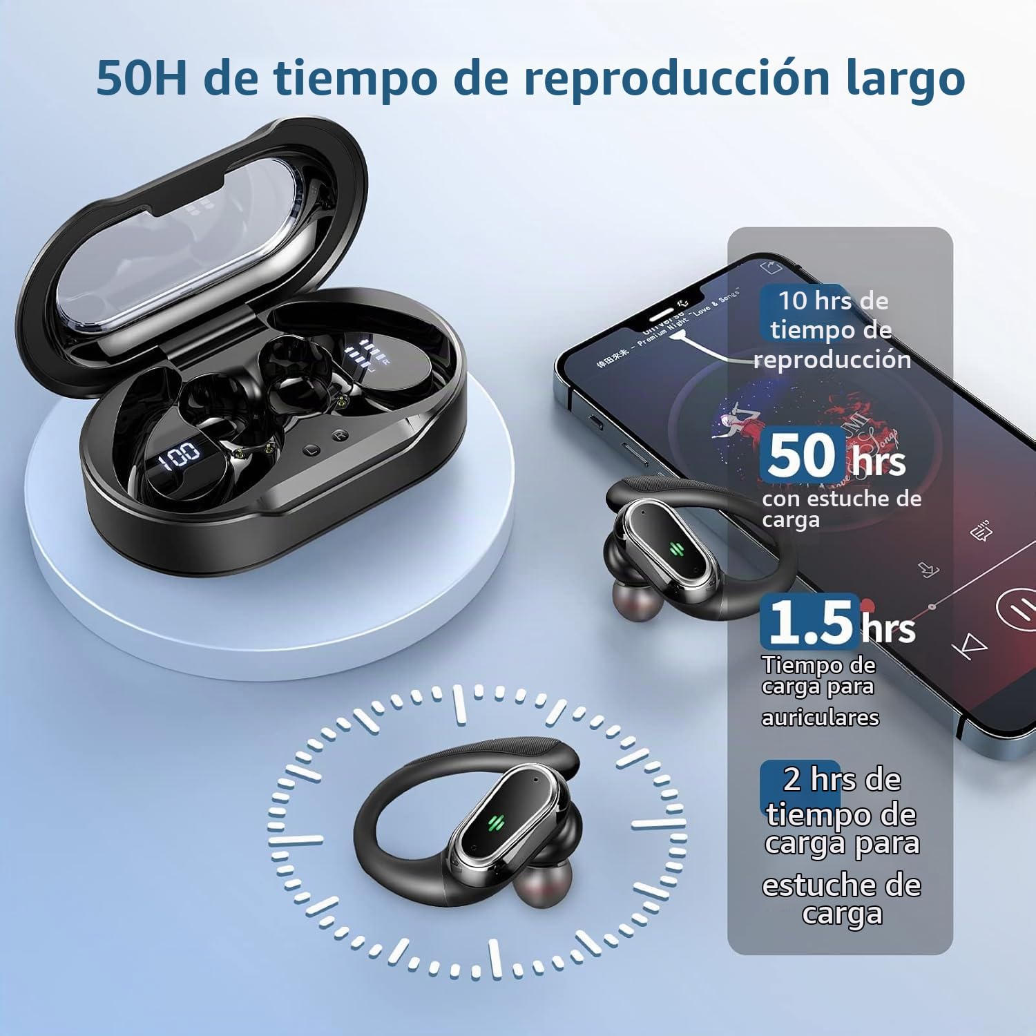 Auriculares inalámbricos Bluetooth Deportivos, Auriculares Bluetooth 5.4 HiFi Estéreo con 4 HD Mic, 50H Cascos Inalambricos con Cancelacion Ruido ENC, IP7 Impermeable Cascos para Running/Pantalla LED
