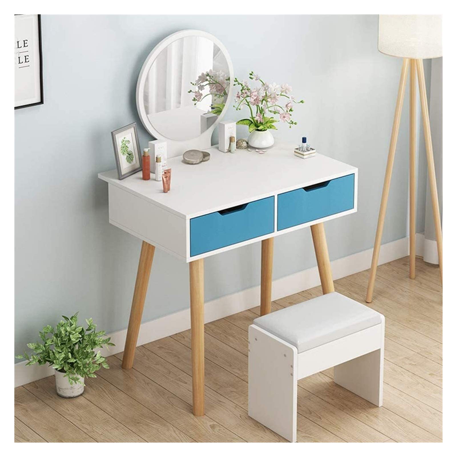 asdchZen Elegant White & Blue Dresser Desk Vanity Set With Mirror Makeup Table & Cushioned Stool For Women-Stylish Bedroom Furniture