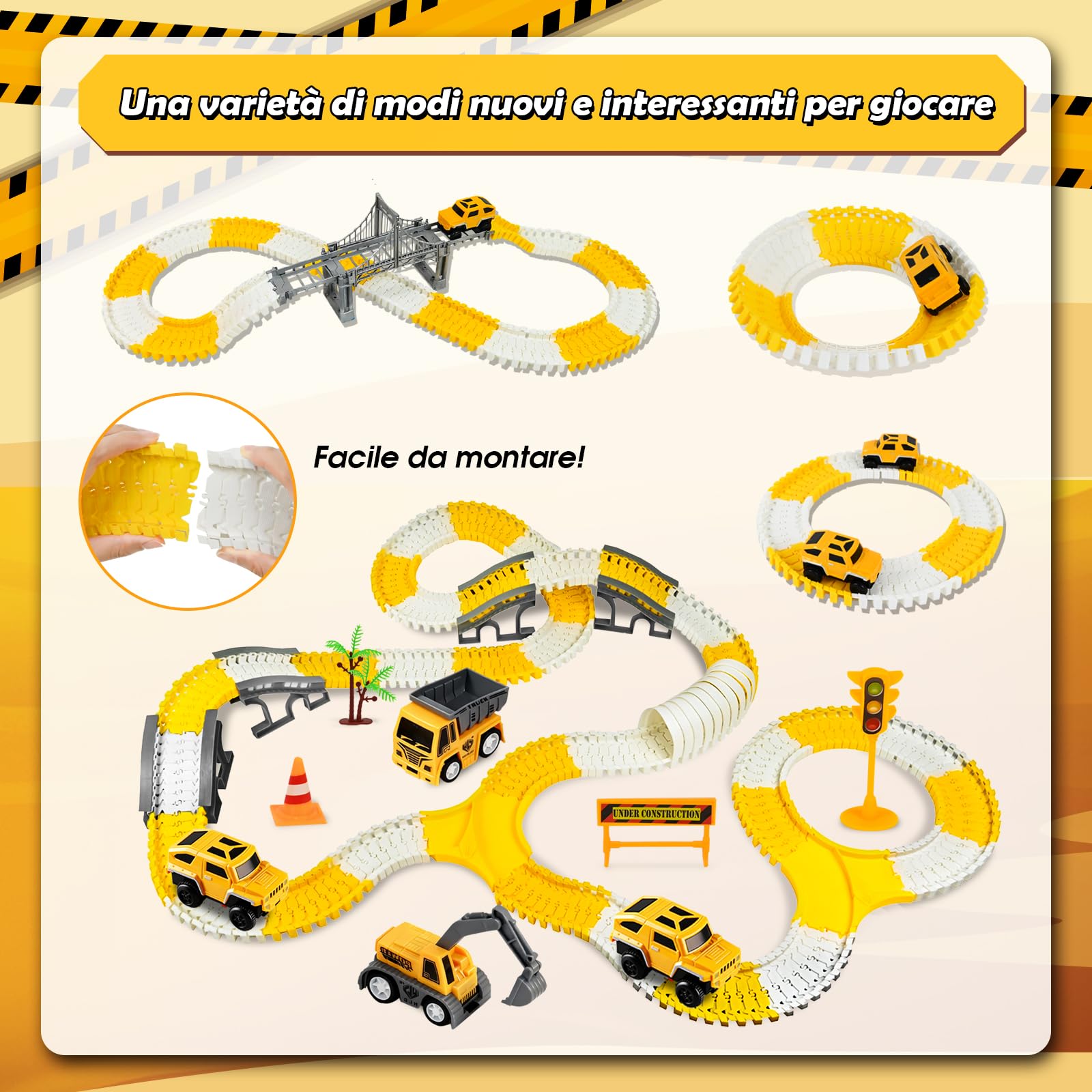 PATEMZON 305 Pezzi Set di Giocattoli Veicoli da Costruzione, Pista Macchinine Giocattolo per Bambini, Set da Pista Auto Flessibile con 6 Auto, Macchinina Giocattoli Natale Regalo Bambini 3+ Anni