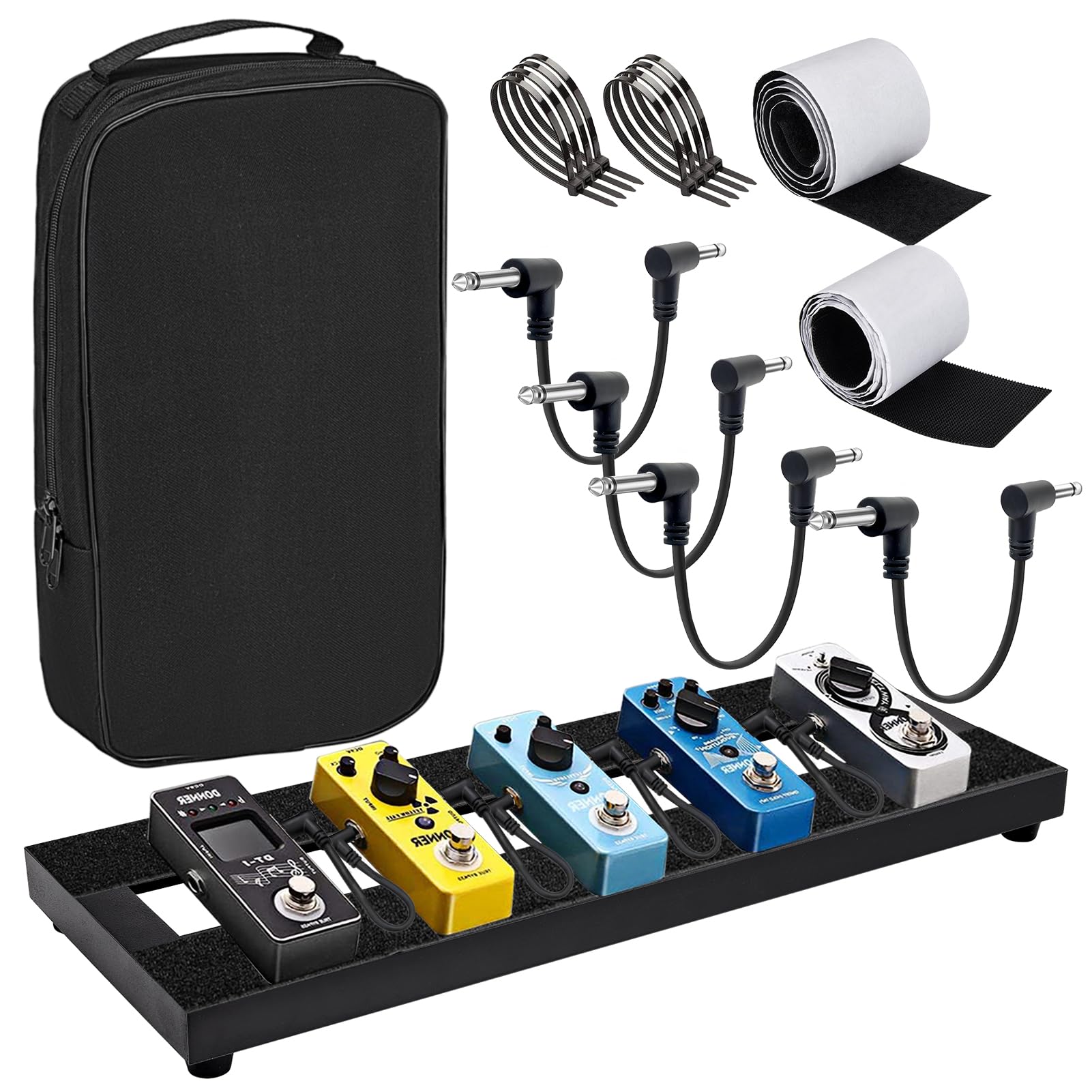 GOGHOST Small Guitar Pedal Board, 15x5.7x1.18", Aluminum Alloy Black Effects Mini Pedal Board with 4 Pcs 6 Inch Guitar Pedal Cable, Carrying Bag, Adhesive Hookside Tape