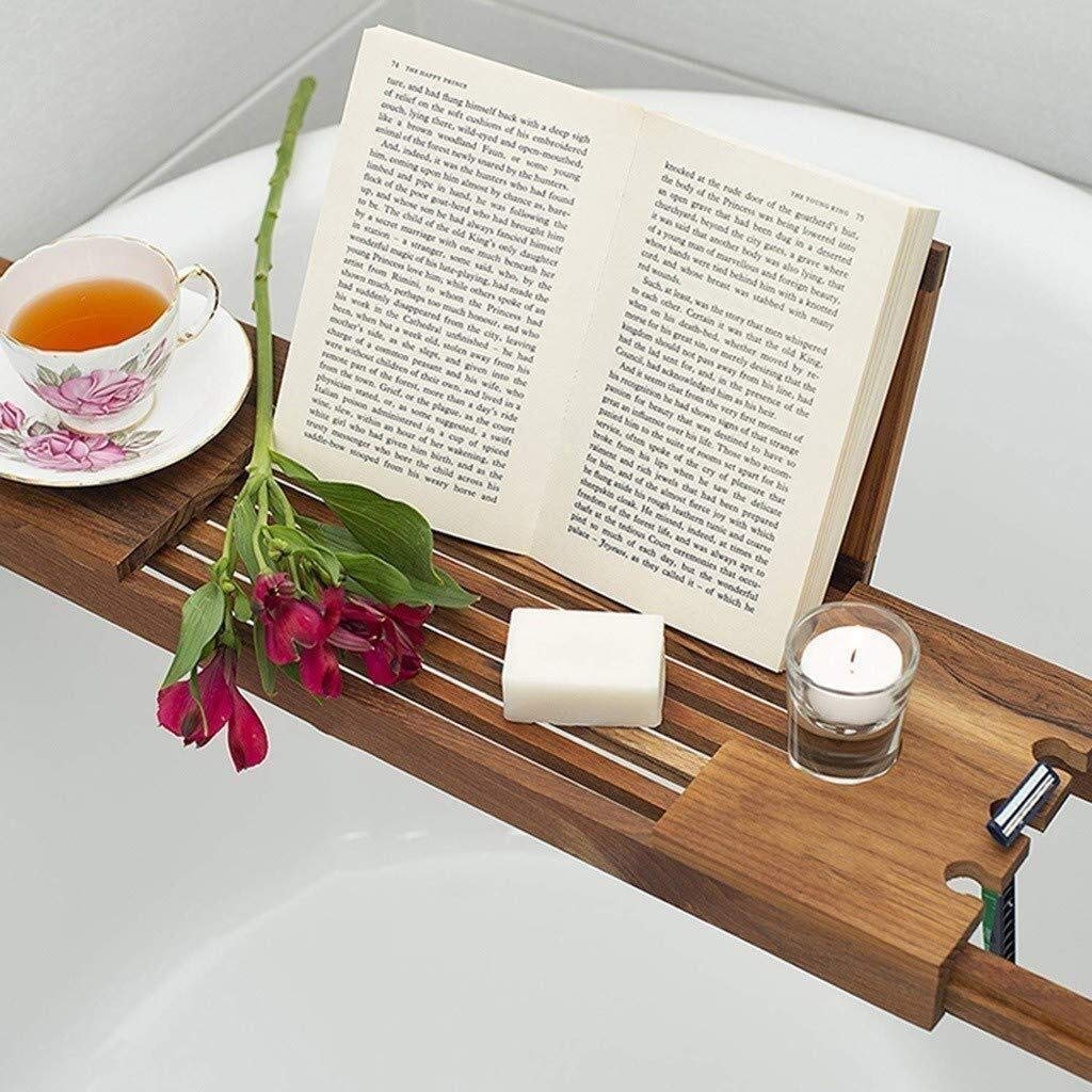 Bandeja de baño y Estante de baño telescópico de Madera Soporte de Bandeja de Cama para computadora portátil para Libros o tabletas Soporte de bañera Soporte de bañera de Barril